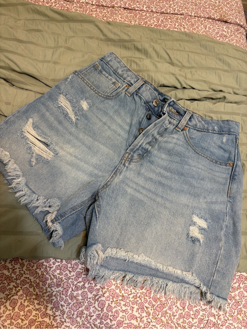 wild fable Light Blue Distressed High-Rise Denim Shorts with Frayed Hem
